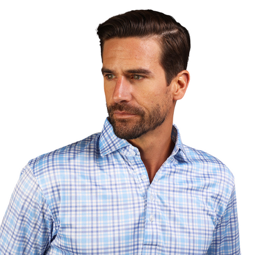 Men's Collars & Co Sea Blue and Purple Plaid Semi-Spread Collar Polo - BLU&PRPL