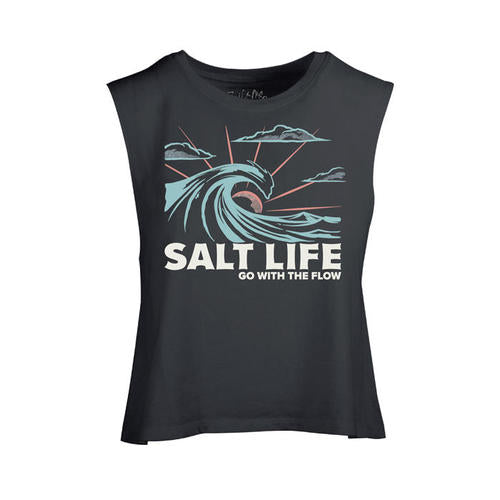 Women's Salt Life Shine & Curl Muscle Crop Tank Top - EBONY